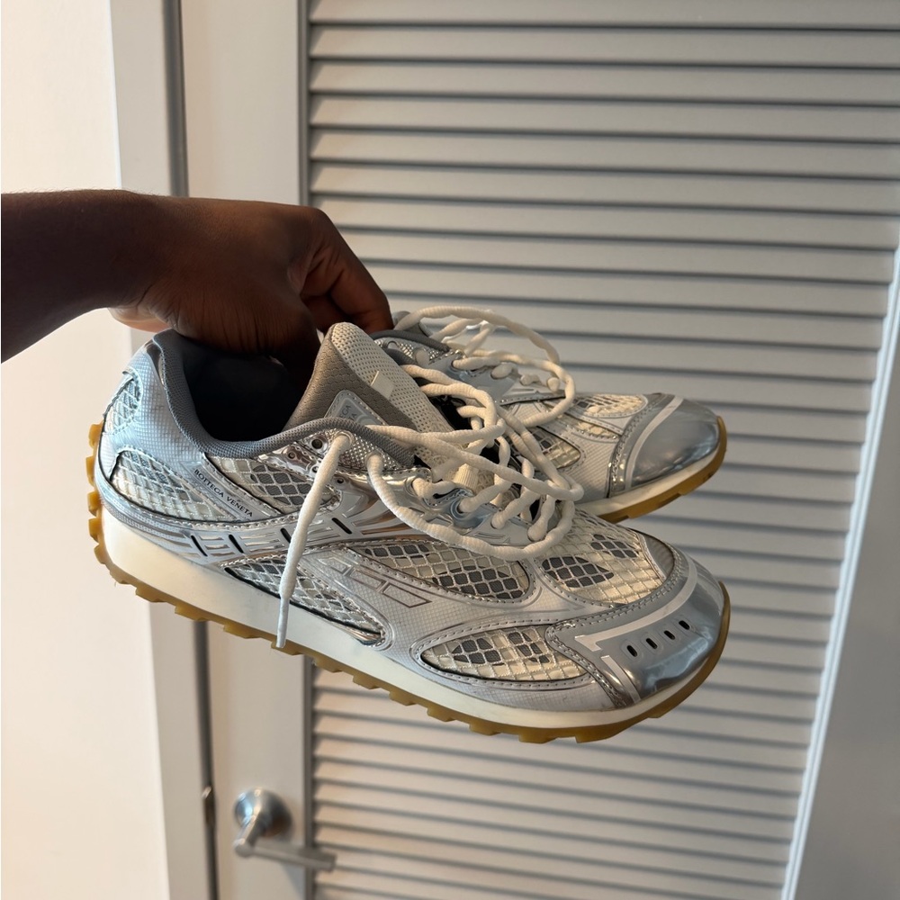 Bottega Veneta Silver Mesh Athletic Sneakers with Gum Sole